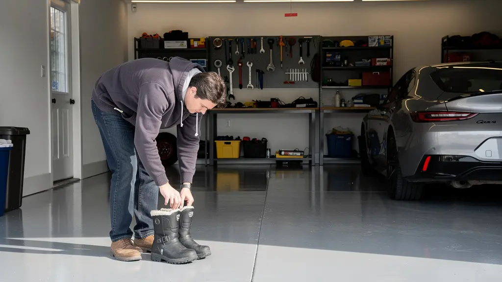 Plancher époxy gris brillant dans un garage résidentiel québécois avec reflets de lumière naturelle