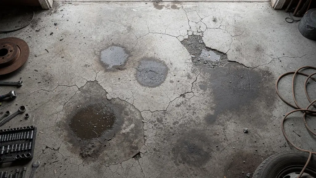Sol béton de garage endommagé avec taches d'huile et fissures typiques avant rénovation époxy