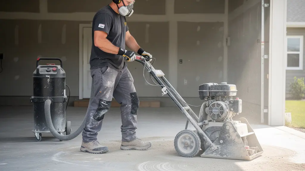 Technicien préparant un sol béton avec un grenailleur avant application époxy dans un garage résidentiel