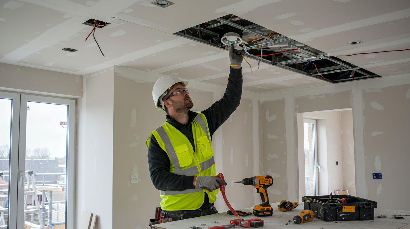 Vue grand angle sur faux-plafond de cuisine moderne avec gaine d'extraction apparente en design industriel et spots LED intégrés