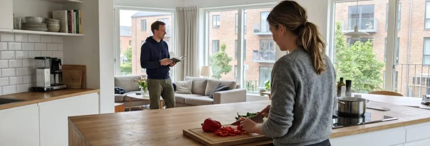 Un couple vu de dos dans une cuisine ouverte moderne, l'un prépare des légumes sur l'îlot central avec plaque visible, l'autre se trouve en arrière-plan dans le salon lumineux
