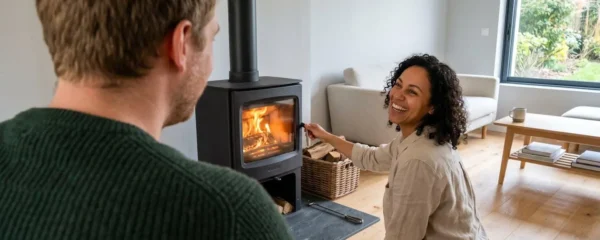 Couple dans un salon contemporain échangeant près d'un poêle à bois moderne en fonctionnement, chaleur des flammes visible en arrière-plan