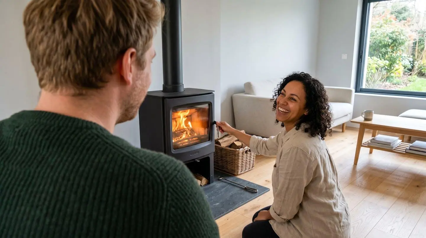 Couple dans un salon contemporain échangeant près d'un poêle à bois moderne en fonctionnement, chaleur des flammes visible en arrière-plan