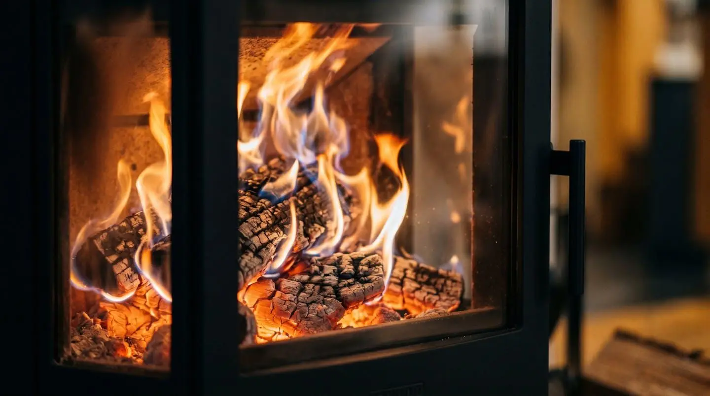 Gros plan sur des flammes dans un foyer de poêle à bois moderne montrant une combustion optimale avec nuances orange et bleutées