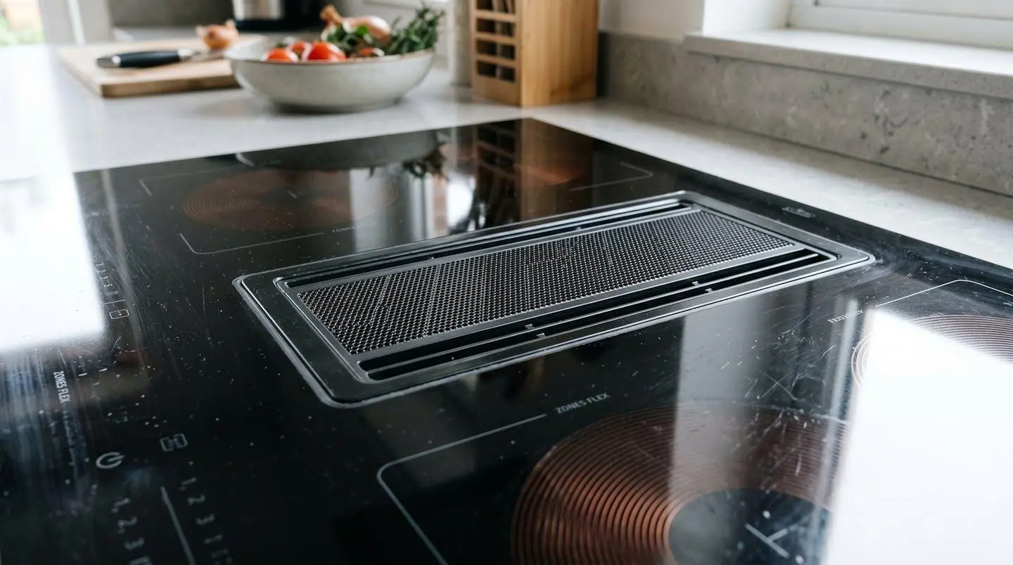 Gros plan sur une plaque induction moderne avec grille d'aspiration intégrée au centre, reflets sur surface vitrocéramique noire, commandes sensitives visibles