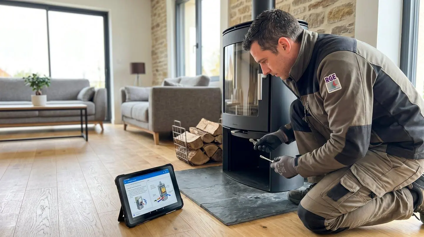 Technicien installateur professionnel vérifiant les réglages d'arrivée d'air d'un poêle à bois moderne, vu de profil dans une maison contemporaine