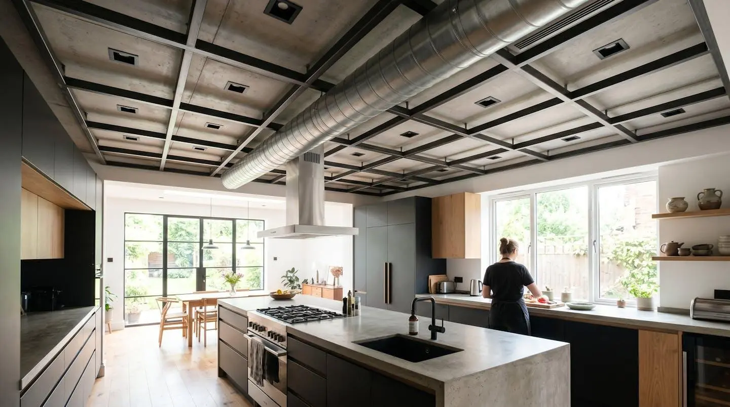 Vue grand angle sur faux-plafond de cuisine moderne avec gaine d'extraction apparente en design industriel et spots LED intégrés