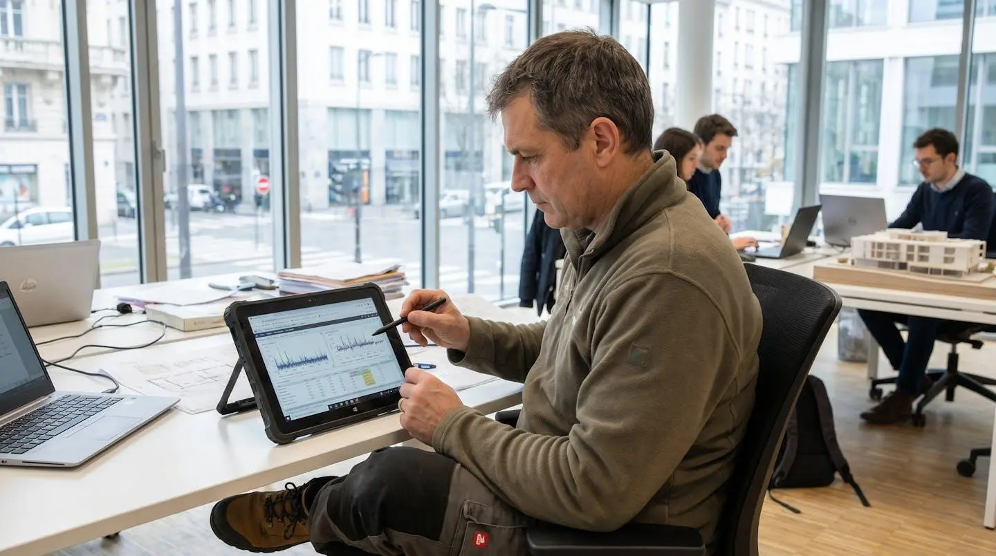 Auditeur énergétique consultant une tablette numérique lors d'une inspection de bâtiment tertiaire