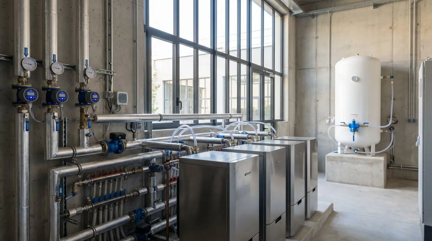 Installation moderne de chauffage au gaz propane dans environnement professionnel avec cuve de stockage