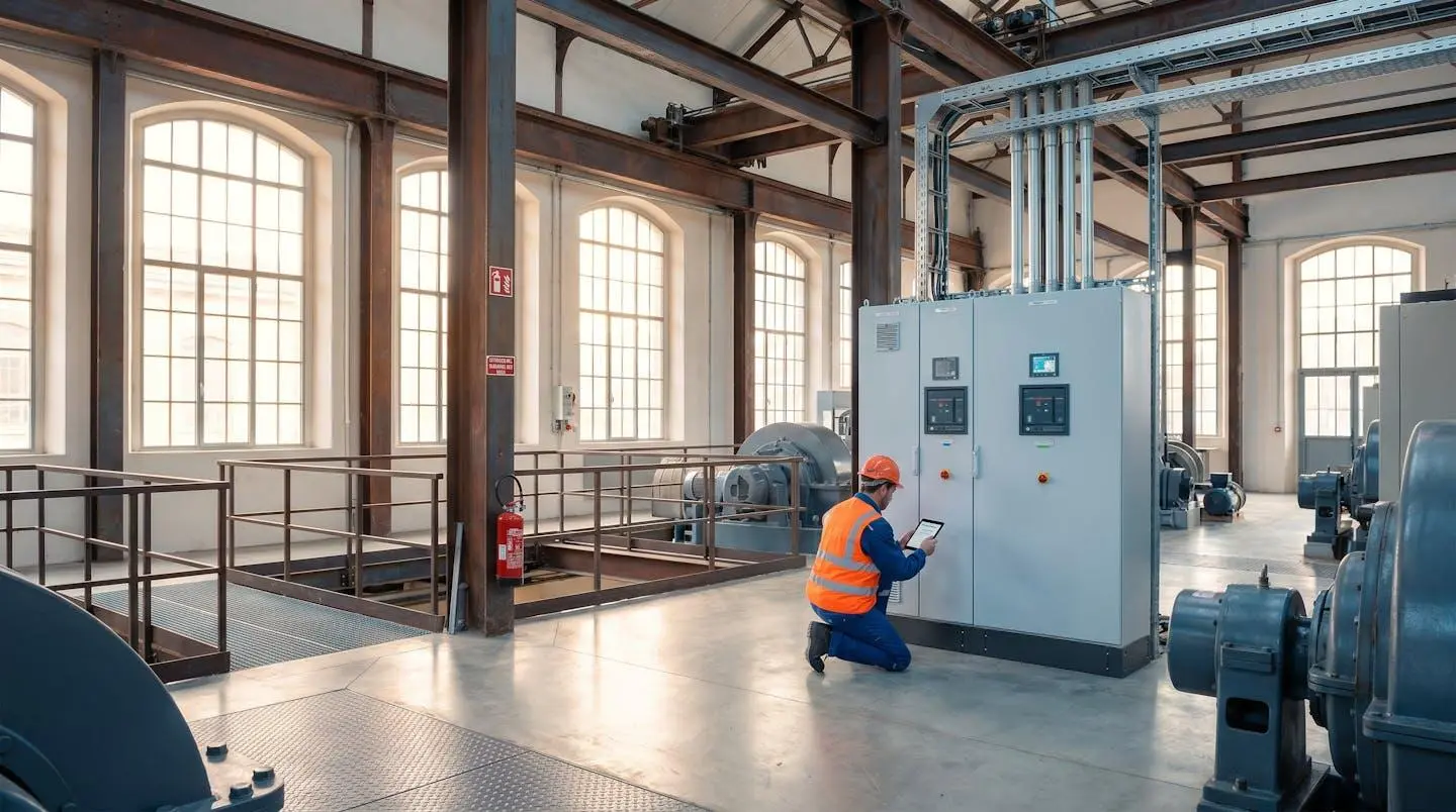 Technicien en gilet de sécurité inspectant des équipements énergétiques modernes dans un bâtiment industriel contemporain