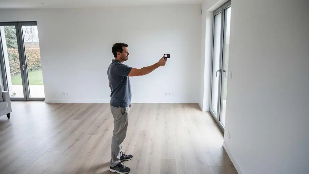 Technicien chauffagiste mesurant les dimensions d'un séjour moderne avec un télémètre laser pour calculer la puissance de chauffage nécessaire