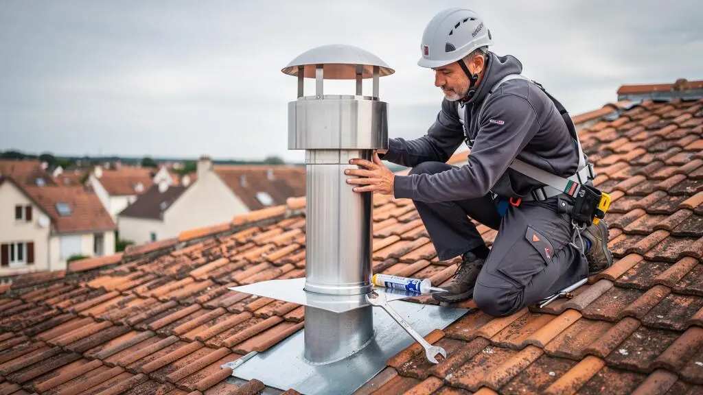 Installateur professionnel sécurisant le conduit d'évacuation en acier inoxydable d'un poêle à bois sur une toiture résidentielle française