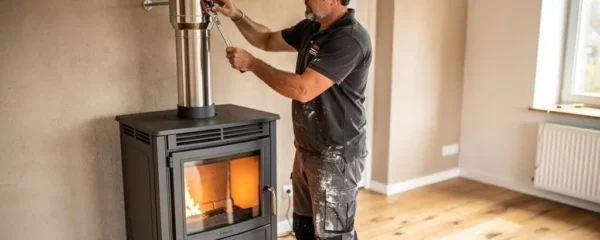 Technicien chauffagiste installant un poêle à bois moderne dans un séjour résidentiel français contemporain