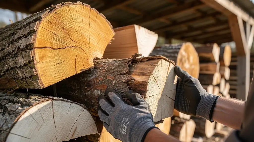 Mains gantées sélectionnant des bûches de bois sec de différentes essences stockées sous un abri