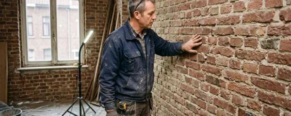 Technicien de rénovation inspectant un mur ancien en briques à l'intérieur d'une maison belge avant pose d'isolation