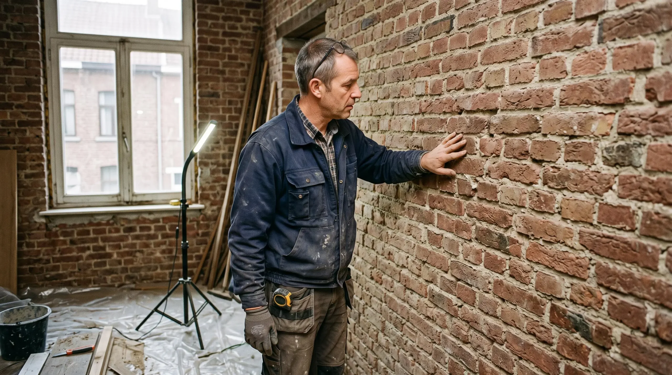 Technicien de rénovation inspectant un mur ancien en briques à l'intérieur d'une maison belge avant pose d'isolation