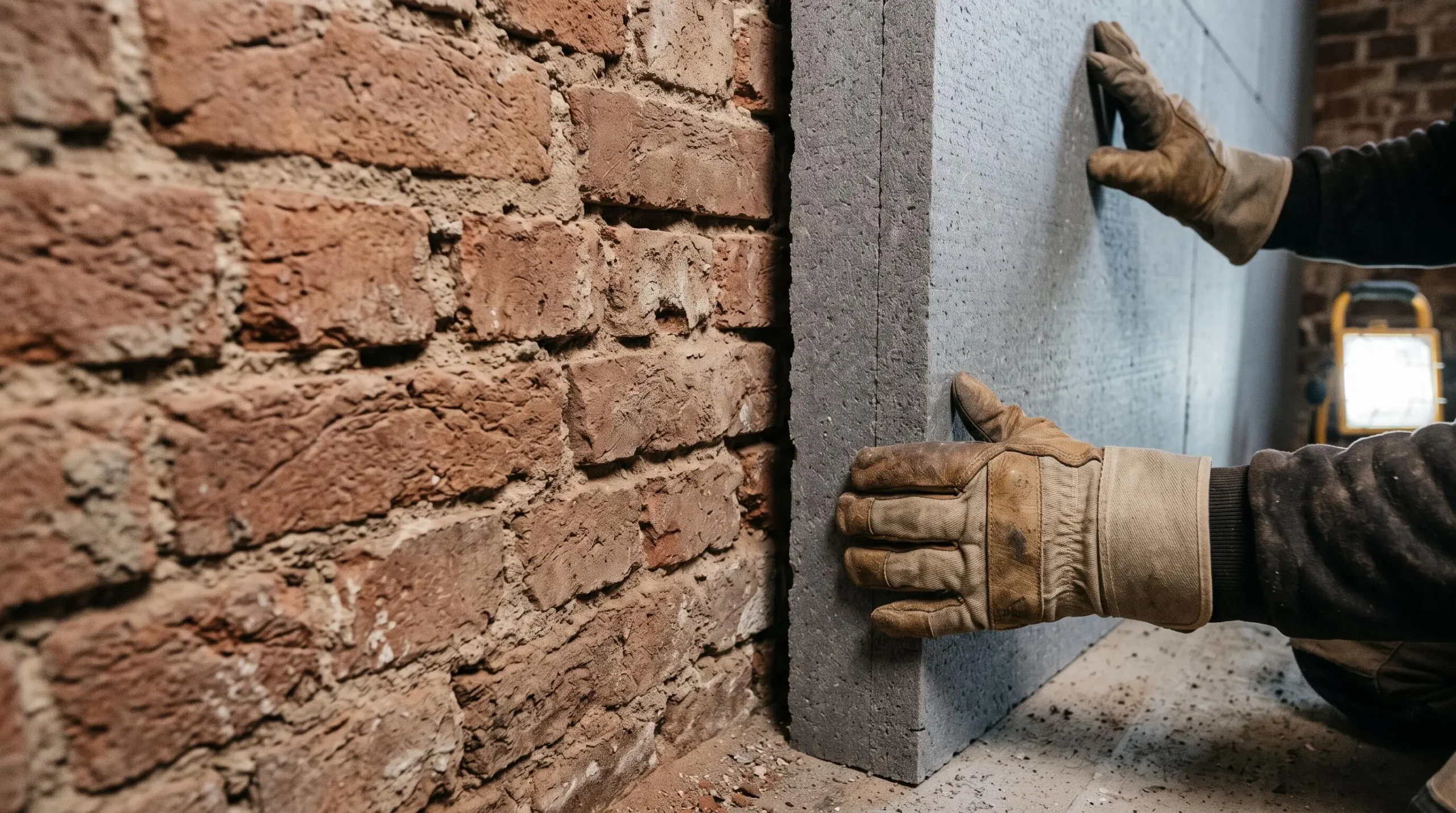 Détail de l'interface entre un mur ancien en briques et un panneau d'isolation intérieure en cours d'installation