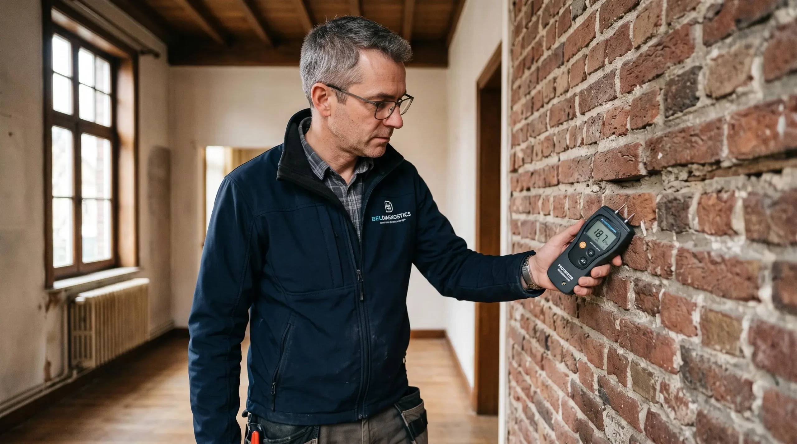 Technicien utilisant un humidimètre électronique pour mesurer le taux d'humidité dans un mur ancien en briques