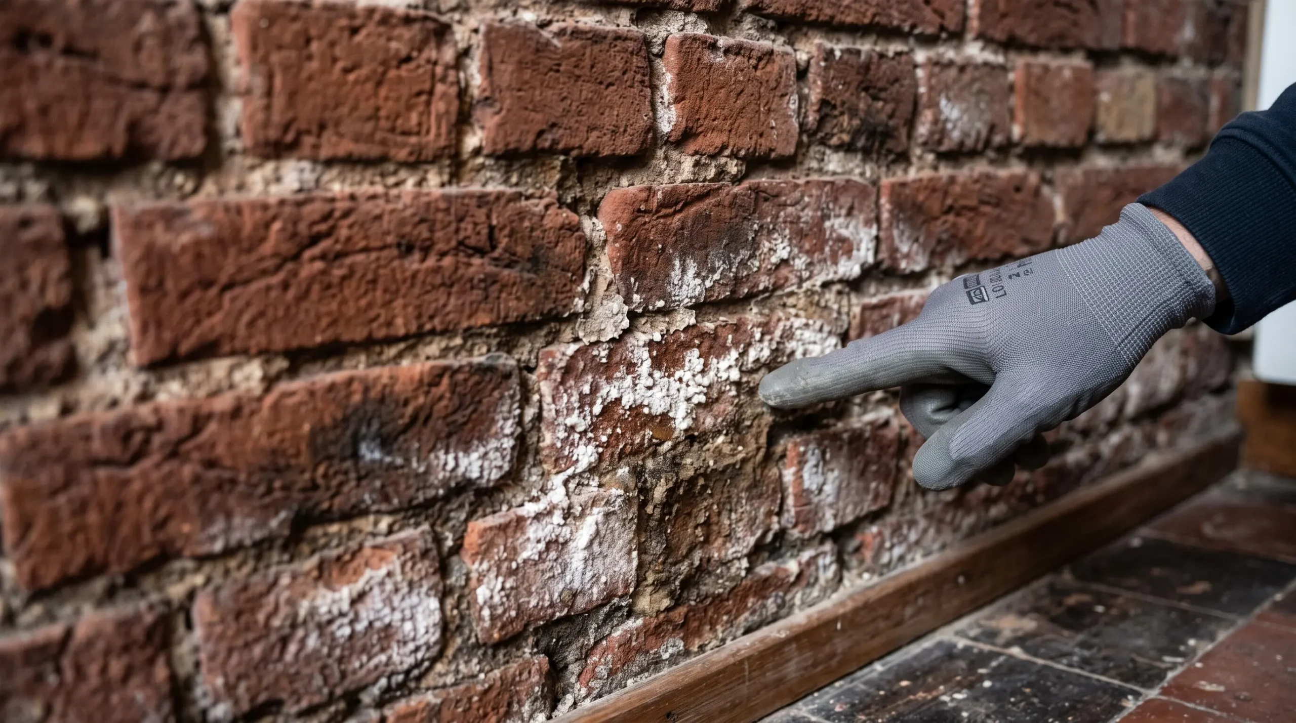 Gros plan sur des traces de salpêtre et d'humidité à la base d'un mur ancien en briques avec main d'un professionnel indiquant la zone affectée